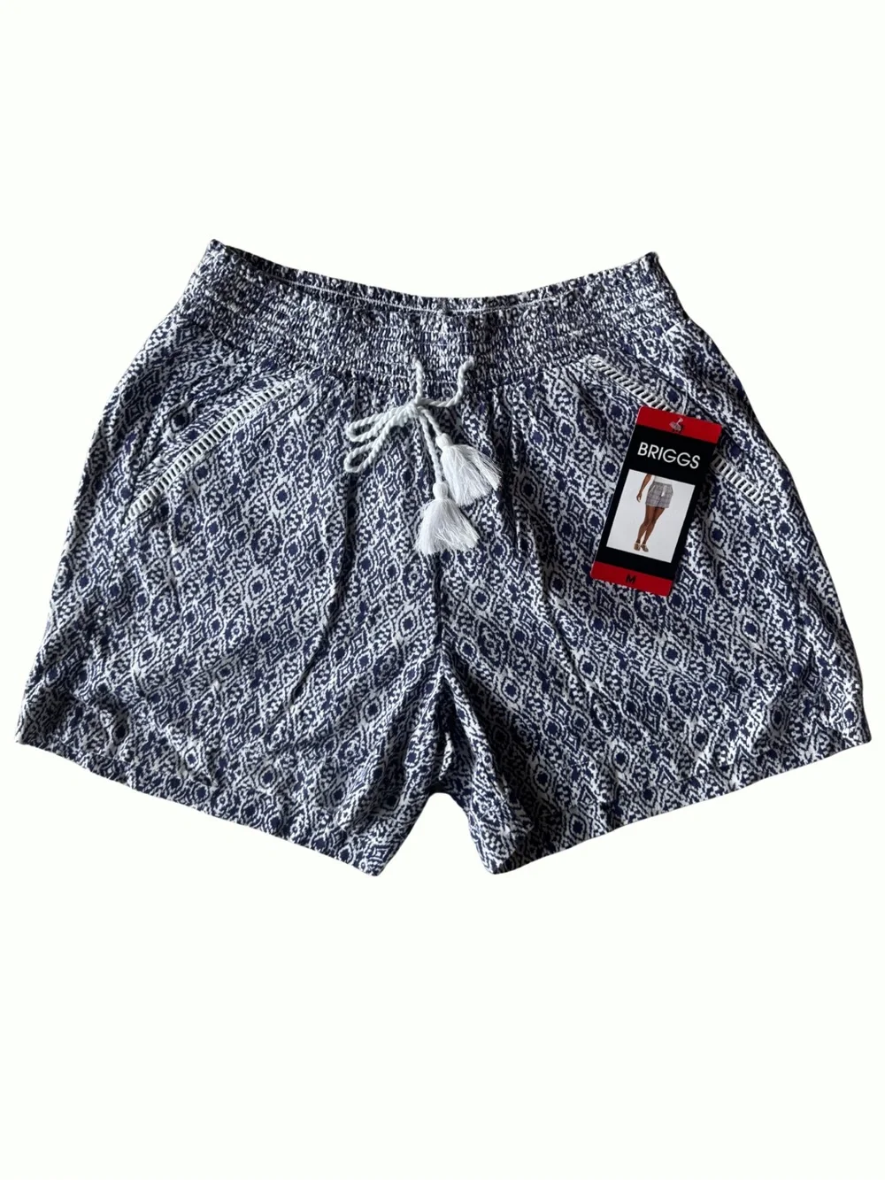 Briggs New York Linen Shorts Pockets Drawstring Medium Blue Navy Stretch Boho